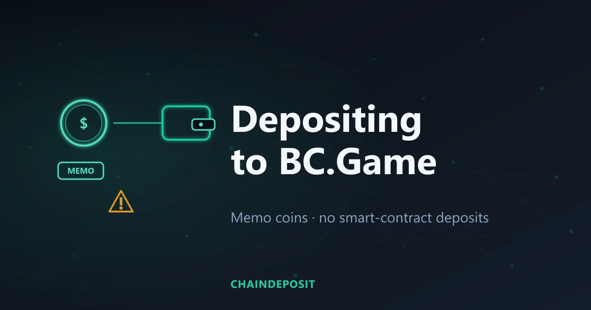 BC.Game crypto deposit with a memo tag and a smart-contract warning