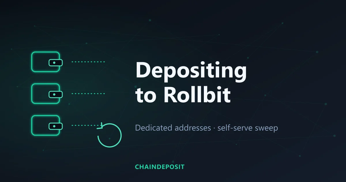 Rollbit dedicated crypto deposit addresses with a deposit-sweep arrow