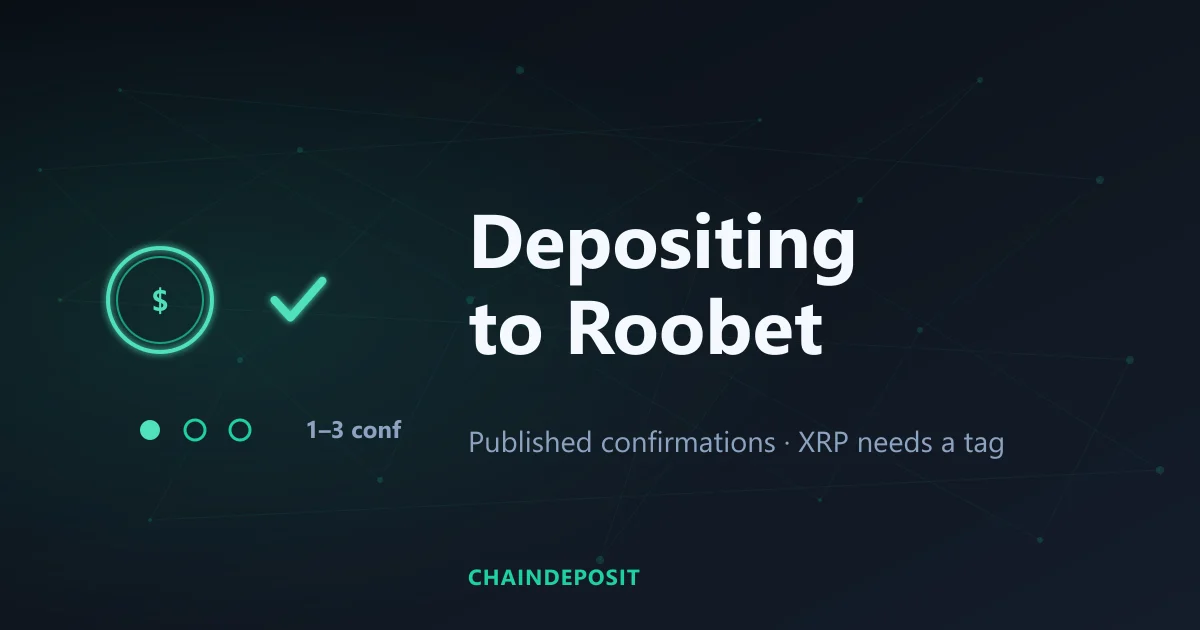Roobet crypto deposit confirmation check with a one-to-three confirmation counter