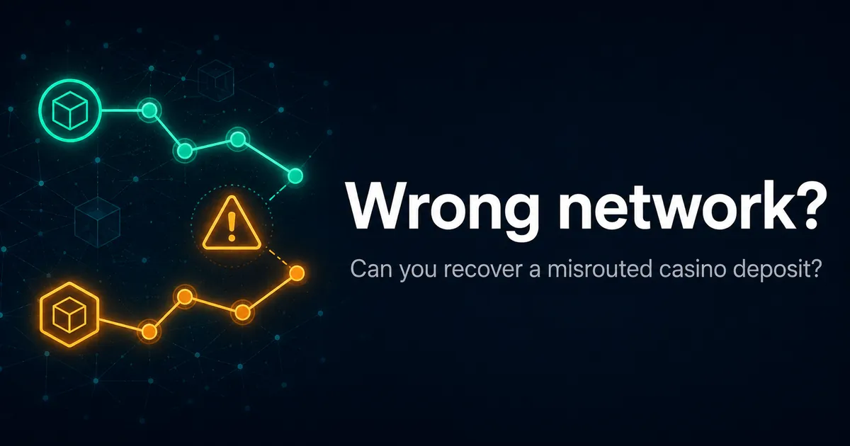 Diagram of a crypto deposit sent on the wrong network, with a recovery warning